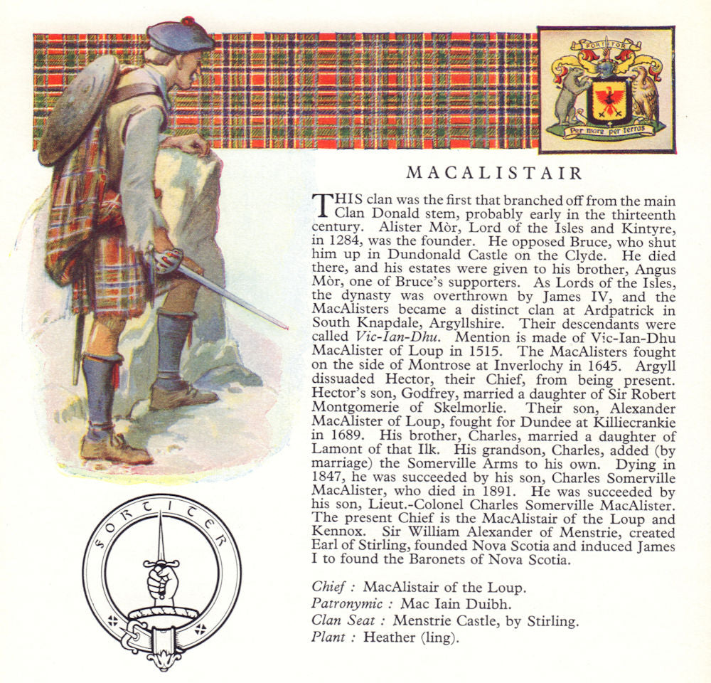 MacAlistair. Scotland Scottish clans tartans arms badge 1963 old vintage print